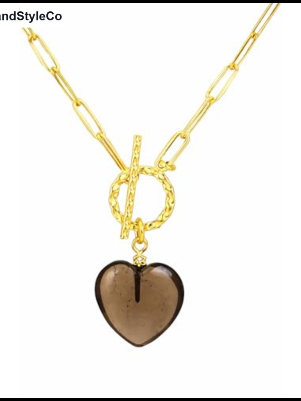 Genuine Smoky Quartz Heart Pendant Necklace Gold Plated 18" Toggle Chain